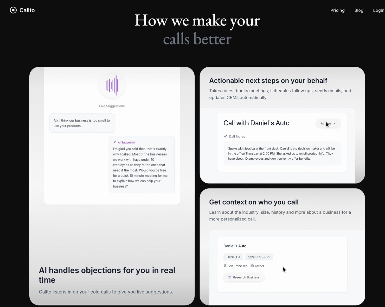 Callto's browser cold-calling interface with live transcription and AI coaching